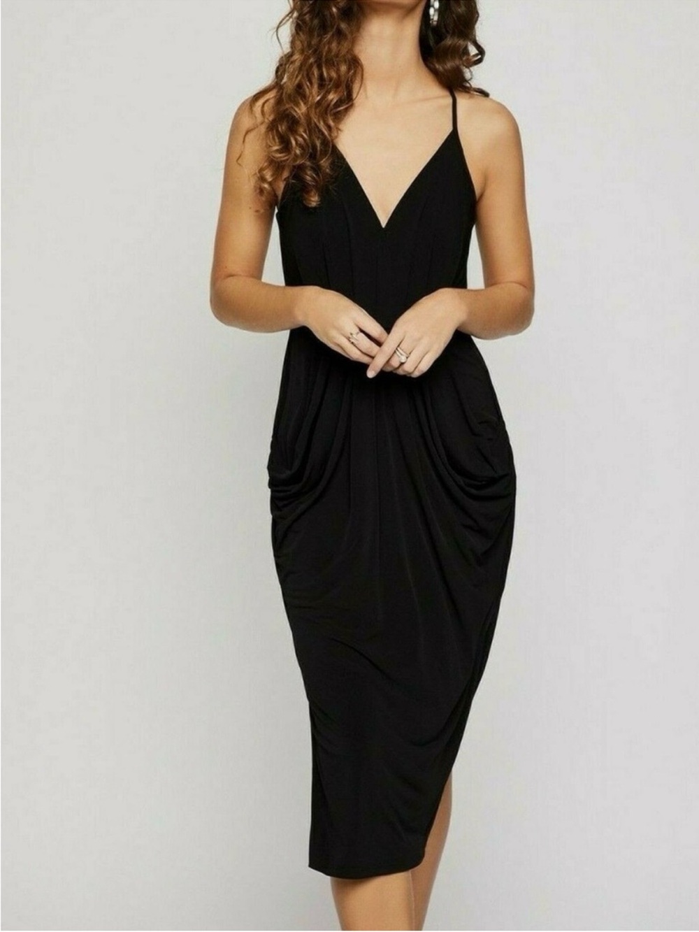 BCBG Black Spaghetti Strap V-Neck Midi Dress